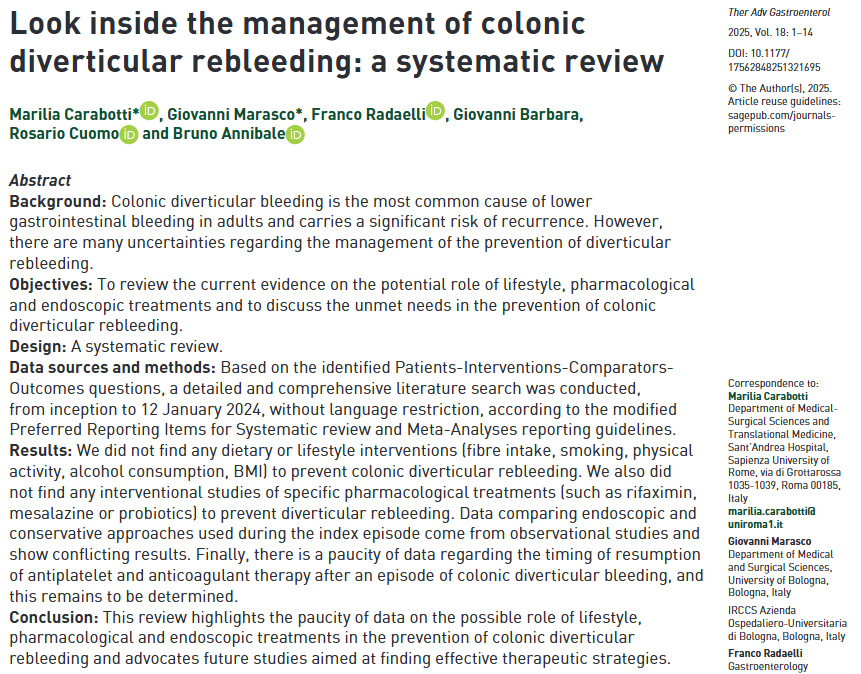 TAGastroenterol's tweet photo. 💡 No clear answers on preventing colonic diverticular rebleeding—this systematic review finds no strong evidence supporting lifestyle changes, pharmacological treatments, or endoscopic approaches for prevention. More research is needed.

🔗 Read more: https://t.co/X3rk6lx2b9 https://t.co/5SUN5DUgNJ