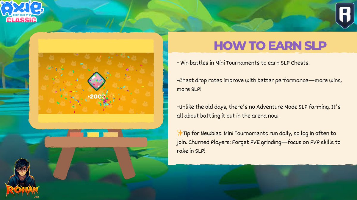 0xRohanJha's tweet photo. 🤔How to Earn SLP ?
SLP is back as a reward in Classic, but it’s tied to Mini Tournaments this time.
Win battles in Mini Tournaments to earn SLP Chests.
More details in Image Below 📸
#SLPisBack #AxieClassic https://t.co/6fA36J8DlO