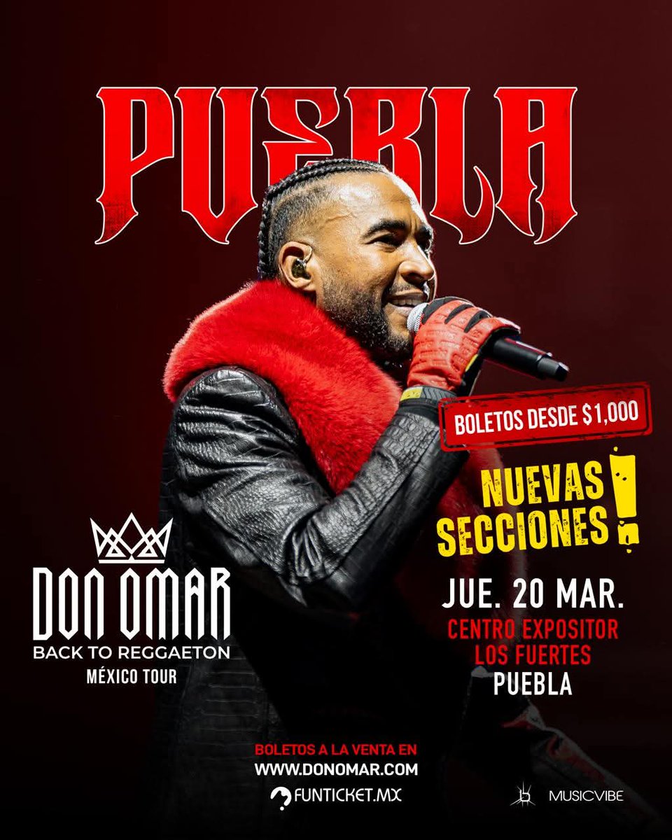 CS_comunicacion's tweet photo. 📣 ¡La espera ha terminado! 

🎉 ¡Hoy tendremos en Puebla a @DONOMAR, el Rey del #Reggaeton! 👑🎤

Nos vemos en el Centro Expositor Puebla para disfrutar, bailar y cantar todos los exitos del King of Kings con su gira “Back To Reggaeton“🔥.

#DonOmar  #puebla #reggaeton #musica https://t.co/gfPha6ZBLf
