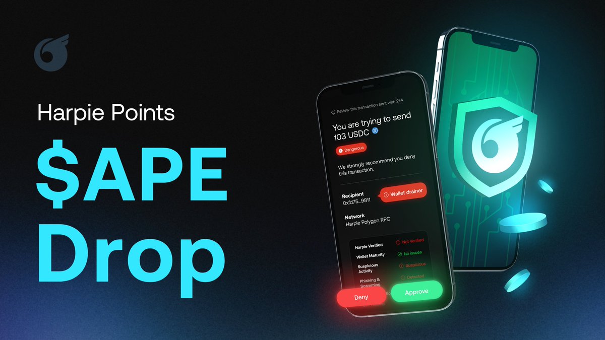 Giveaway Alert: Join our this week's giveaway to win a share of 500 $APE 🎊

How to enter:
1️⃣ Log into your Harpie dashboard 
2️⃣ Complete a wallet scan by by 11:59 PM ET on Mar 29: 1 entry 
3️⃣ Repost this &amp; share your wallet security score: 1 entry

Rewards will be available to