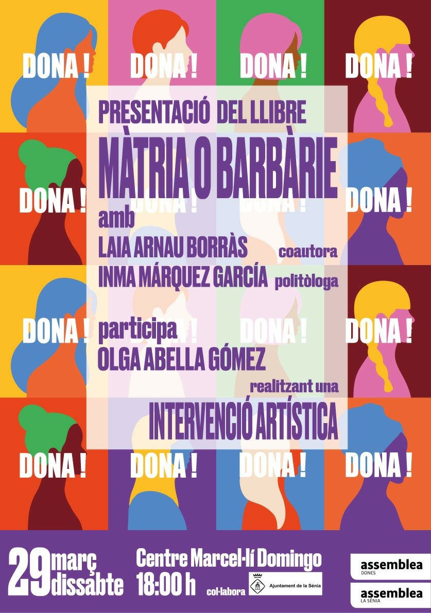 ⬜🟪 PRESENTACIÓ DEL LLIBRE                                    
*MÀTRIA O BÀRBARIE. Trenta veus del feminisme català *

📚Al llibre trobareu les reflexions sobre ser dona en la Catalunya actual, en una nació que no pot decidir el futur
@larnaubo
@plorcaduk
💜#laSénia #DiadelaDona
