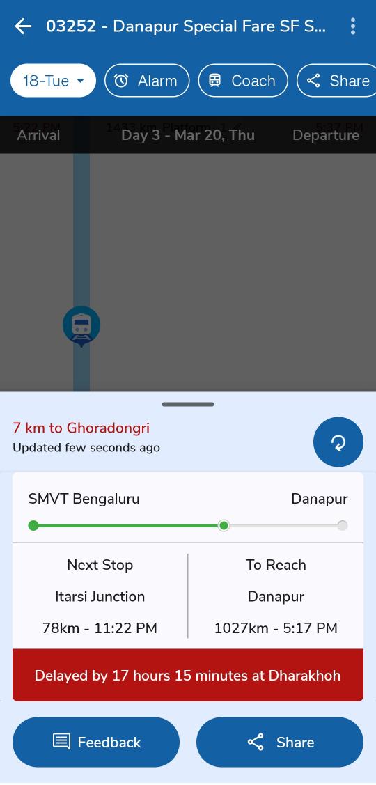 Dexteroux (@aadii_tyaa) on Twitter photo Delayed by 17 Hr.
My journey is for 15 hr and the train is delayed by 17 Hr itself. And God knows how far it will go now?
Any response? <a href="/RailMinIndia/">Ministry of Railways</a> <a href="/RailwaySeva/">RailwaySeva</a>
Can we have an explanation? How to compensate anyone's time?
Is there a major problem going on? Delayed by 17 Hr.
My journey is for 15 hr and the train is delayed by 17 Hr itself. And God knows how far it will go now?
Any response? <a href="/RailMinIndia/">Ministry of Railways</a> <a href="/RailwaySeva/">RailwaySeva</a>
Can we have an explanation? How to compensate anyone's time?
Is there a major problem going on?