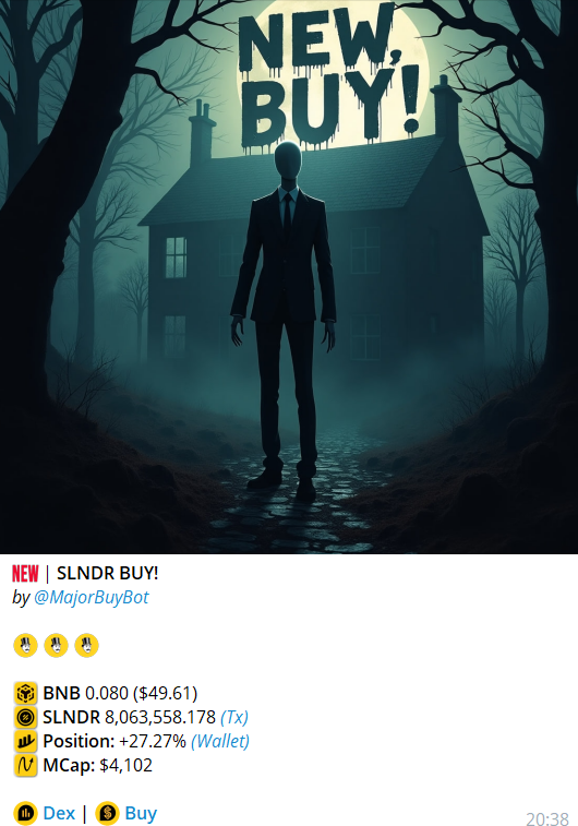 SlendermanBSC's tweet image. Buys are coming in... And everyone knows what that means 🌙 $SLNDR is Cz´s worst nightmare #cz_binance 

#BinanceSmartChain #MEMECoin #100xgem