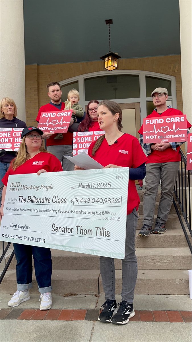 NationalNurses's tweet photo. $19 billion in health care funding for North Carolinians is at risk if Medicaid is gutted — all to fund billionaire tax breaks!

NC nurses tried to deliver a check to @SenThomTillis's office that shows exactly what he'd be giving away, but he conveniently wasn't there. 🤔 https://t.co/vFihSD1TiF