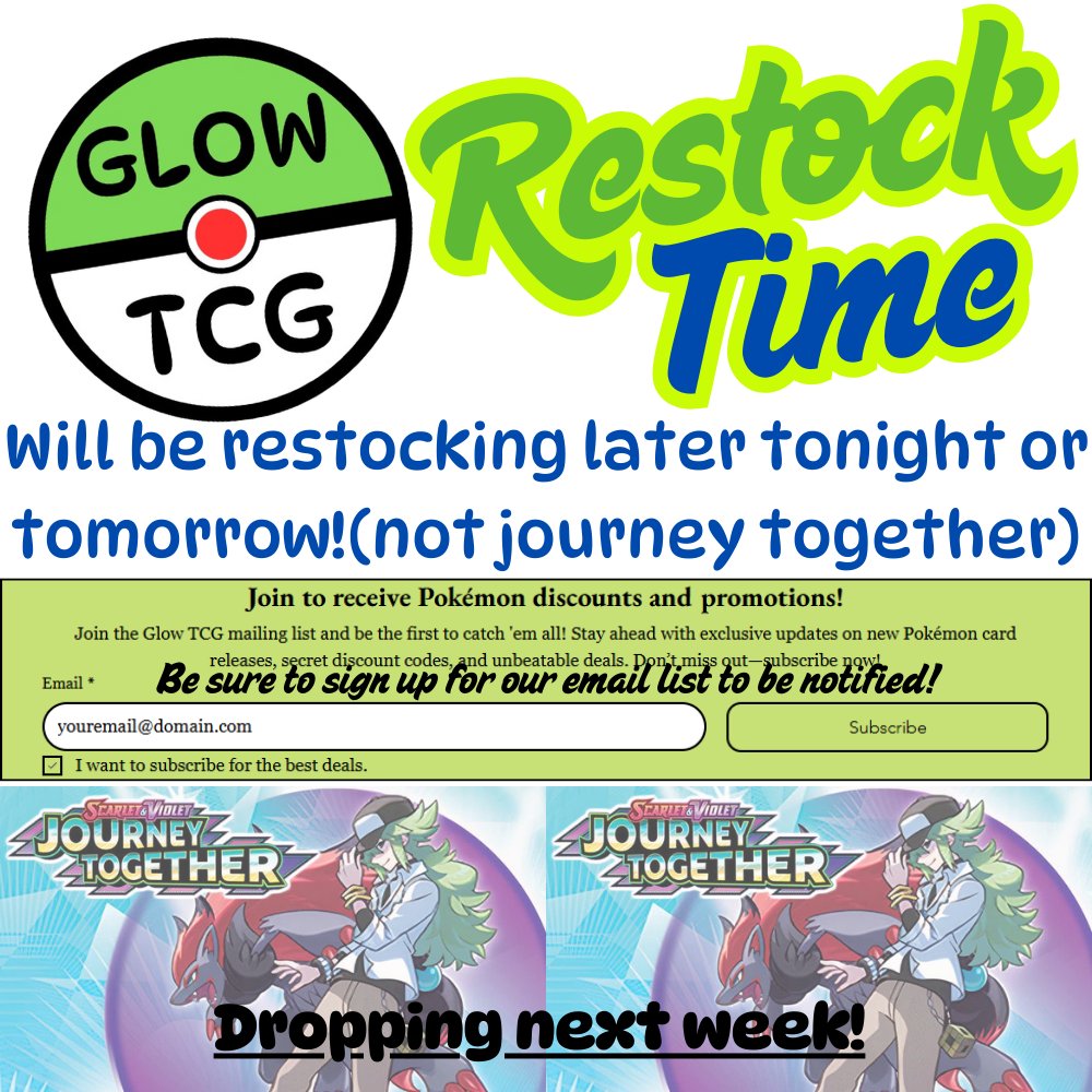 GlowTCG's tweet photo. 🚨 RESTOCK & NEW PREORDERS COMING SOON! 🚨

Either later tonight or tomorrow, I’ll be restocking the site with some 🔥 products! Plus, get ready—Journey Together preorders will be dropping next week! 🛒✨

Want to be the first to know when everything goes live? Sign up for our email list at https://t.co/LF6qPr3Qq5 so you never miss a drop! 🔥

What are you hoping to grab from the restock? Let me know in the comments! ⬇️

#GlowTCG #PokemonTCG #RestockAlert #JourneyTogether #PokemonCards #TCGCommunity #GottaCatchEmAll