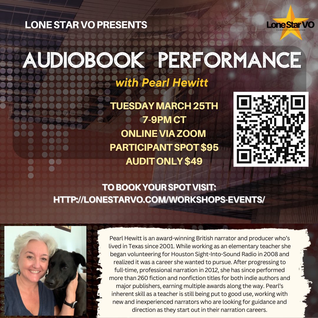 LoneStarVO's tweet photo. Are you interested in being an Audiobook narrator? Don’t miss your chance to learn Audiobook Performance from award winning narrator Pearl Hewitt! https://t.co/pqxw8EMxru