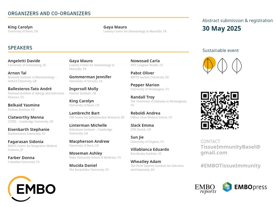 📌 <a href="/EMBO/">EMBO</a> workshop: "Adaptive Immunity in Barrier Tissues." #EMBObarrierTissues

📌 Date: 26-30 August 2025 – Basel, Switzerland.

🚨 Registration + abstract deadlines: 30th May 2025.

meetings.embo.org/event/25-barri…

Full speakers' details below ⬇️