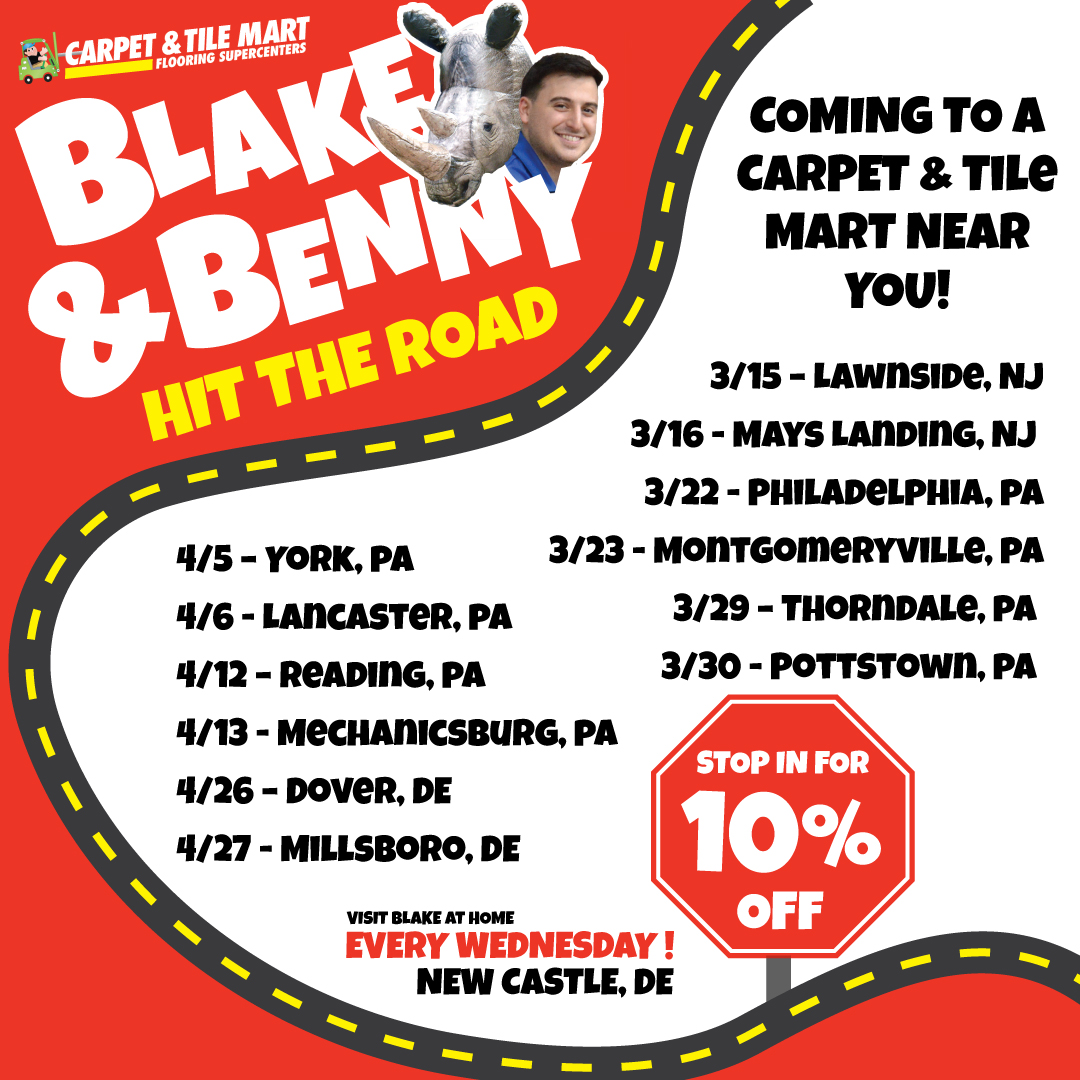 CarpetMart's tweet image. Have you ever met a #Rhino before? Blake and #BlueShirtBenny are coming to a Carpet &amp;amp; Tile Mart near you! Stop in for 10% off #SmartStrand and #PureTech floors by @MohawkFlooring and #EnterToWin a room of FREE SmartStrand carpets - See you there! 🦏

bit.ly/3IwvatN