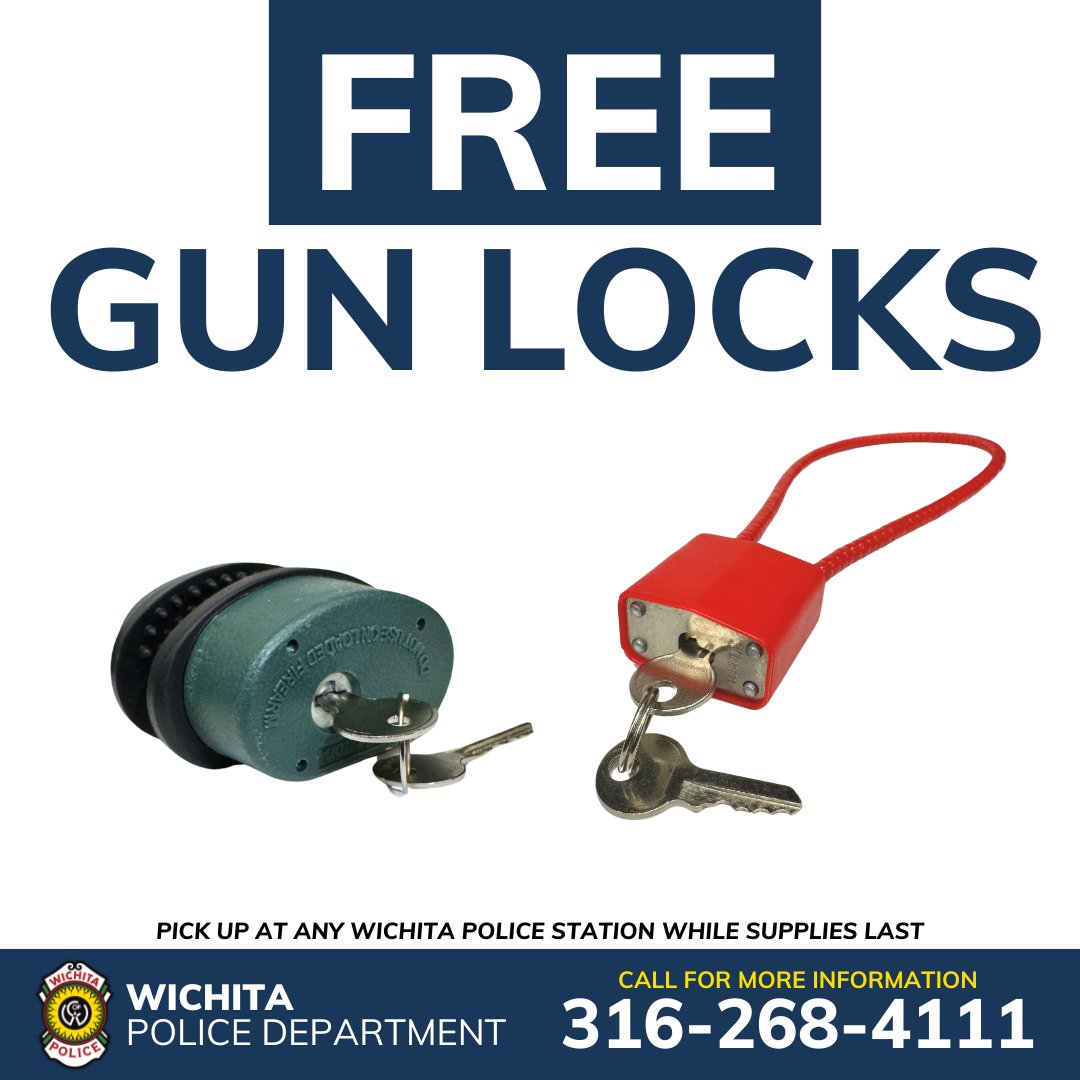 WichitaPolice's tweet image. 🔒 FREE GUN LOCKS AVAILABLE! 🔒
Tragic incidents happen when children access unsecured firearms. Wichita Police want to prevent these accidents. Pick up a FREE gun lock at any Wichita Police Station—no questions asked. Let’s keep our kids safe! #GunSafety #LockItUp #WichitaPD