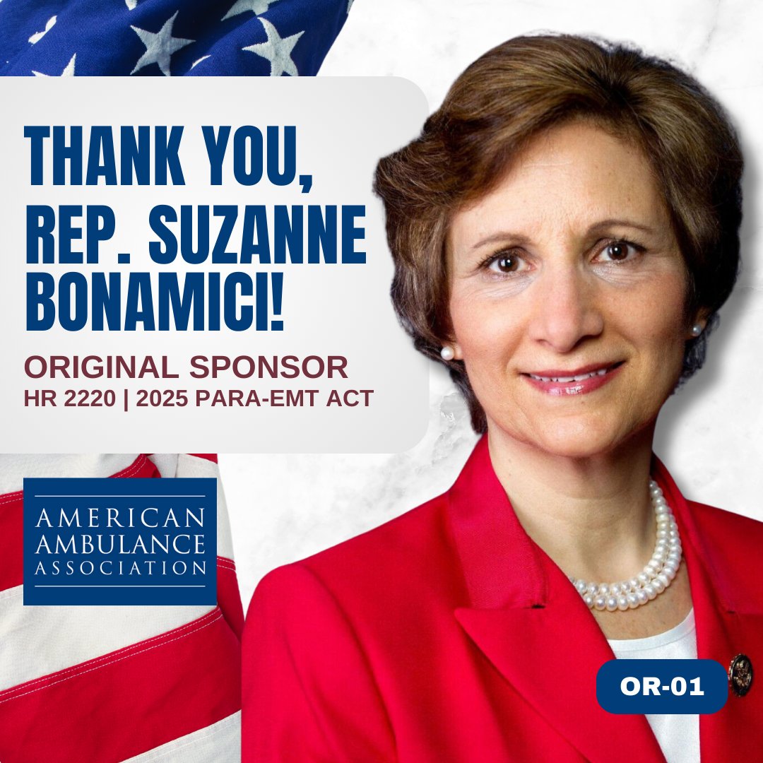 amerambassoc's tweet image. Thank you, @RepBonamici, for your support of #EMS! Ambulance services across our nation thank you for sponsoring the Preserve Access to Rapid Ambulance Emergency Medical Treatment (PARA-EMT) Act to bolster #mobilehealthcare staffing. #EMSworkforce #HR2220