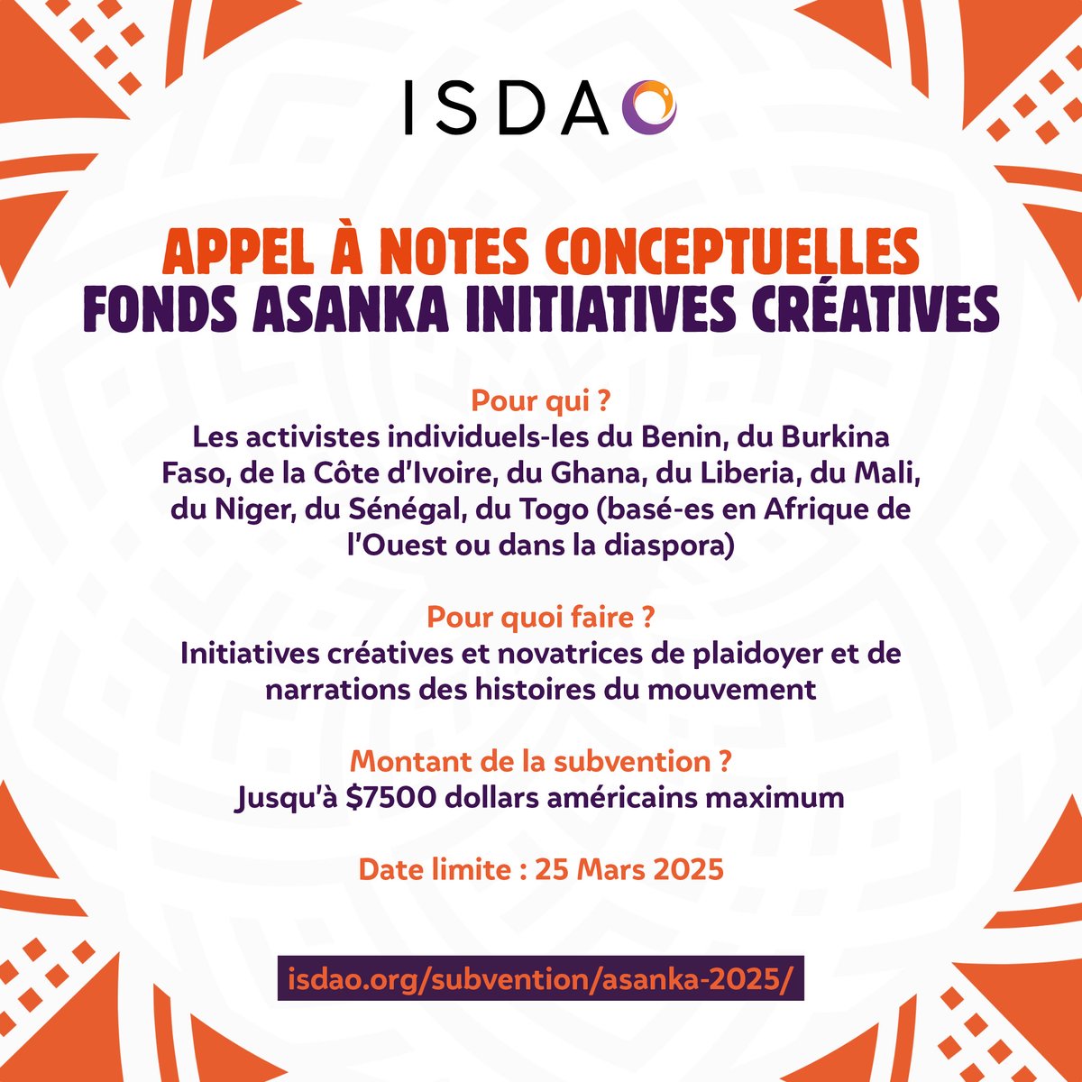 ISDAOSankofa's tweet image. 📢 Plus que cinq jours pour soumettre une note conceptuelle au Fonds Asanka Initiatives Créatives pour les activistes LGBTQI+ d&apos;Afrique de l&apos;Ouest.

🔗 En savoir plus et postuler : isdao.org/subvention/asa…
