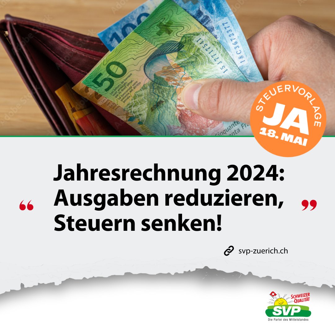 svpzh's tweet photo. Die Jahresrechnung des Kantons Zürich zeigt: Die Ausgaben sind aufgrund der links-grünen Ausgabenpolitik zu hoch und die Nettoschulden wachsen. Nur dank steigender Steuererträge und Sondereffekten konnte ein Defizit abgewendet werden. 

Es braucht dringende Massnahmen:
✅Steuern müssen gesenkt werden: Die hohe Steuerlast entzieht dem Mittelstand und den Unternehmen finanzielle Mittel. 
✅Das Ausgabenwachstum muss gebremst werden: Das sind die Steuern von morgen.
✅Es braucht die 1%-Steuersenkung für Unternehmen, um die Wettbewerbsfähigkeit des Standorts Zürich, Arbeitsplätze, Innovationen und Einnahmen zu sichern.

❗Darum: Ja zur Steuersenkung am 18. Mai!

Zur Medienmitteilung: 
https://t.co/NCvTzWlKaT

#svpzh #freiundsicher