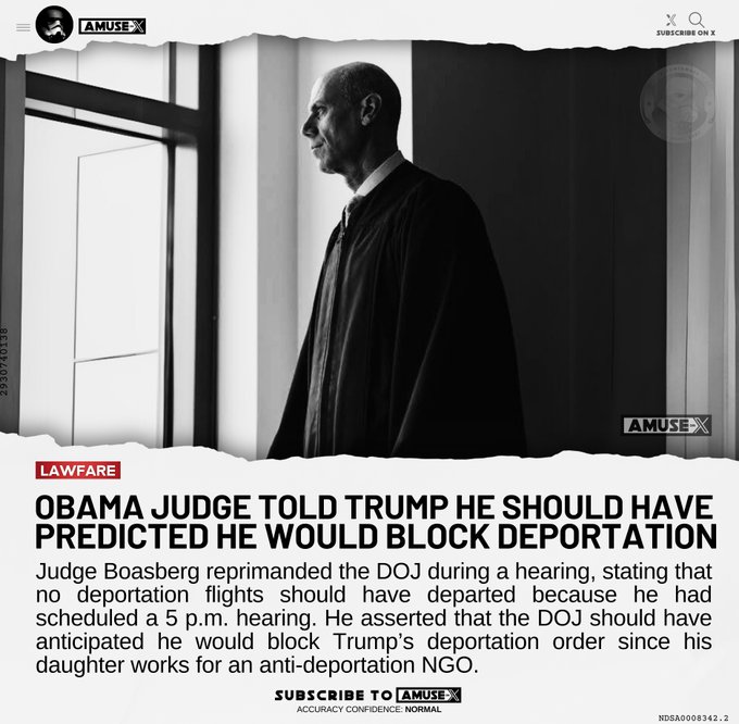Judge Boasberg reprimanded the DOJ during a hearing, stating that no deportation flights should have departed because he had scheduled a 5 p.m. hearing. He asserted that the DOJ should have anticipated he would block Trump’s deportation order since his daughter works for an anti-deportation NGO.