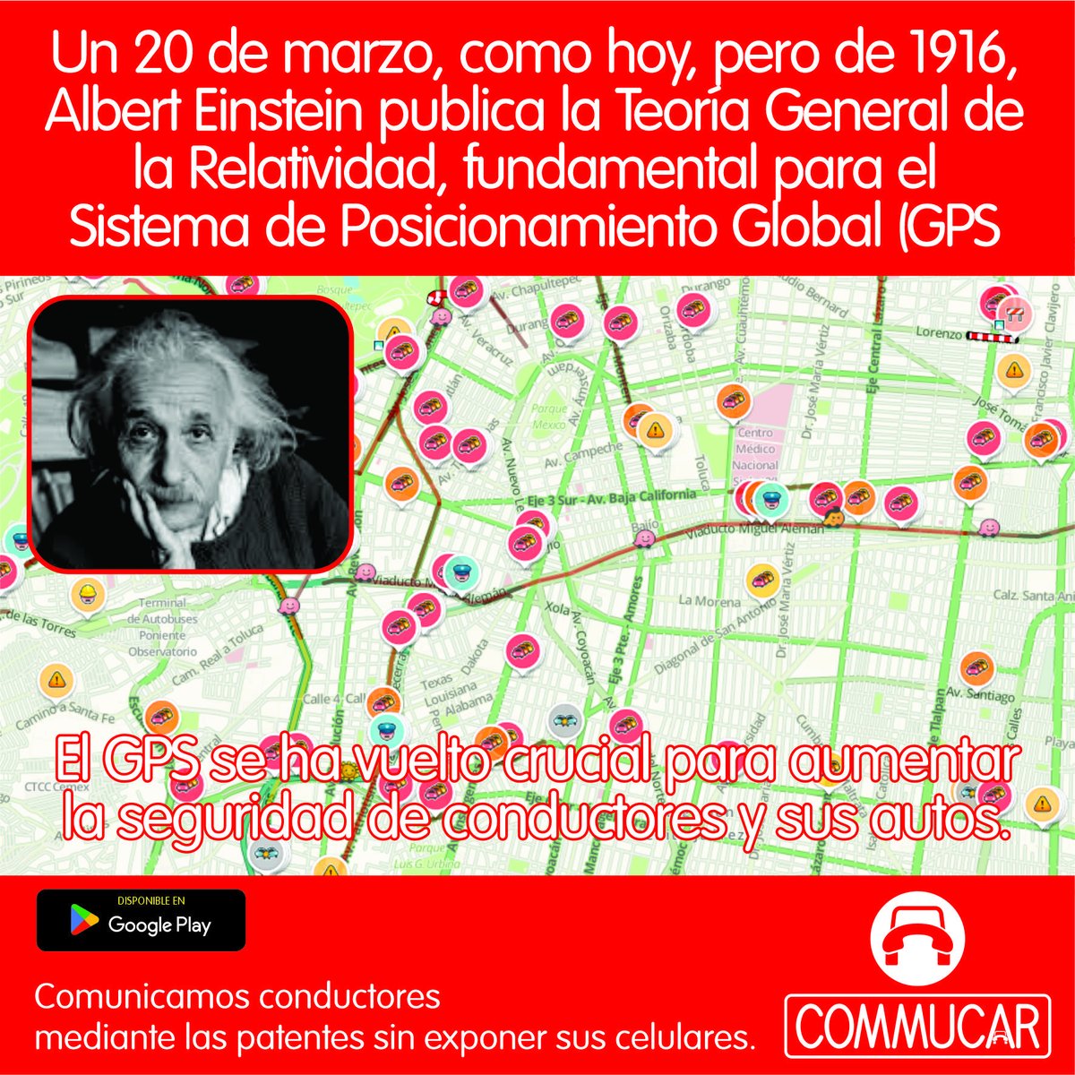 commucar's tweet image. Pocos adelantos tecnológicos han favorecido más a conductores que el GPS, creados gracias a Albert Einstein. En Commucar también desarrollamos tecnología revolucionaria, pero para comunicar conductores entre sí, a través de las patentes, sin saber sus celulares.