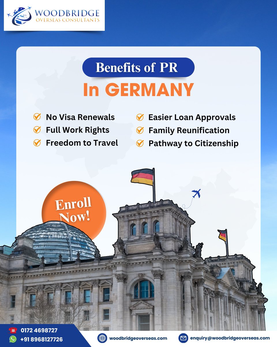 WBOverseas's tweet image. Want to settle in Germany? 🇩🇪✨ Get PR &amp;amp; enjoy:

✔️ No visa renewals 🔄
✔️ Full work rights 💼
✔️ Freedom to travel ✈️
✔️ Easier loan approvals 🏦
✔️ Pathway to citizenship 🏡
.
🌐 woodbridgeoverseas.com
.
#germanypr #prbenefits #settleingermany #workingermany #moveabroad