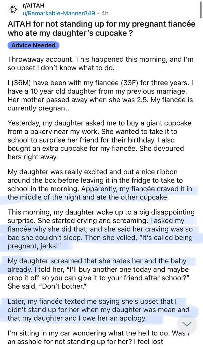 amithearsehole's tweet image. AITAH for not standing up for my pregnant fiancée who ate my daughter&apos;s cupcake?