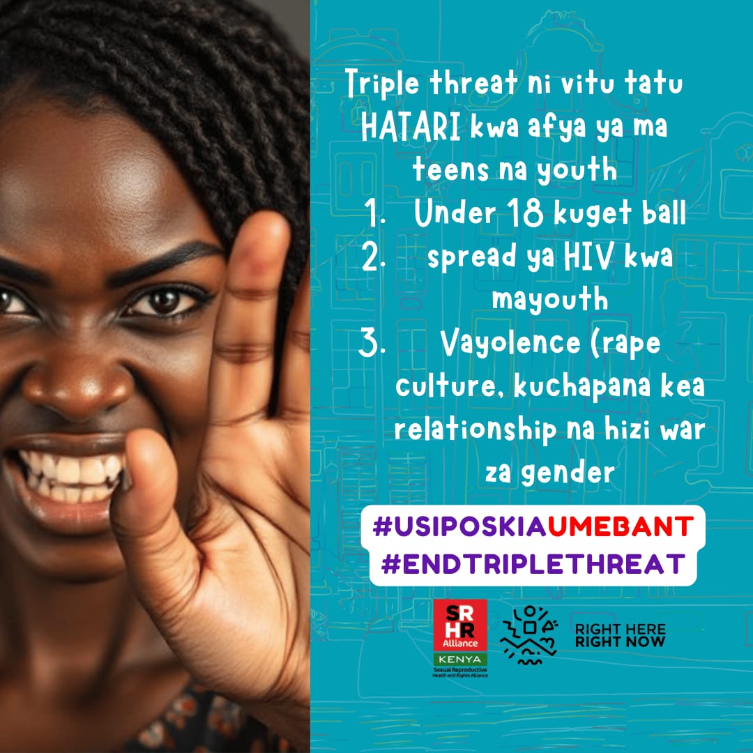 Peter Chivatsi (@peter_chivatsi) on Twitter photo #UsiposkiaUmebant #EndTripleThreat
<a href="/KenyaSRHR/">Kenya SRHR Alliance</a> <a href="/RHRNKenya/">Right here Right now Ke</a>
Do you know the different thriple threat; teenage pregnancy, GBV, HIV. Hizi ni vitu ziko ground na mayouth wanaface. #UsiposkiaUmebant #EndTripleThreat
<a href="/KenyaSRHR/">Kenya SRHR Alliance</a> <a href="/RHRNKenya/">Right here Right now Ke</a>
Do you know the different thriple threat; teenage pregnancy, GBV, HIV. Hizi ni vitu ziko ground na mayouth wanaface.