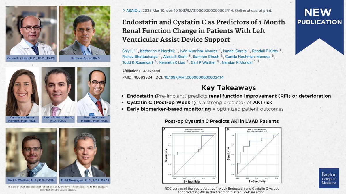 BCM_Surgery (@bcm_surgery) on Twitter photo Advancing Renal Risk Stratification in LVAD Patients
This new publication is dedicated to advancing outcomes for patients with advanced heart failure. Published in the ASAIO Journal, this study explores the role of Endostatin and Cystatin C as biomarkers for predicting renal Advancing Renal Risk Stratification in LVAD Patients
This new publication is dedicated to advancing outcomes for patients with advanced heart failure. Published in the ASAIO Journal, this study explores the role of Endostatin and Cystatin C as biomarkers for predicting renal