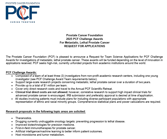 PCF Science (@pcf_science) on Twitter photo ANNOUNCEMENT: RFA for 2025 <a href="/PCFnews/">Prostate Cancer Foundation</a> team science Challenge Award Applications, to support investigations of metastatic, lethal #ProstateCancer in 6 specified topic areas.
DEADLINE: May 5, 2025
Apply at: pcf.smartsimple.com
View the RFA: res.cloudinary.com/pcf/images/v17⦠ANNOUNCEMENT: RFA for 2025 <a href="/PCFnews/">Prostate Cancer Foundation</a> team science Challenge Award Applications, to support investigations of metastatic, lethal #ProstateCancer in 6 specified topic areas.
DEADLINE: May 5, 2025
Apply at: pcf.smartsimple.com
View the RFA: res.cloudinary.com/pcf/images/v17ā¦