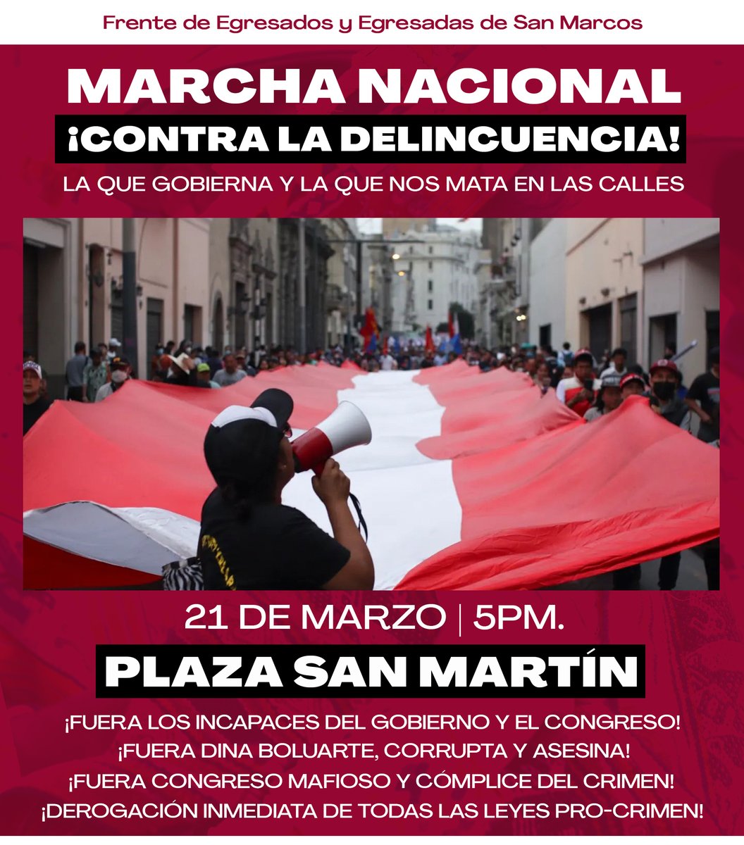 EgresadosUnmsm's tweet photo. 🔴📢 Este viernes 21 de marzo, nos unimos a la marcha nacional contra la delincuencia: la que gobierna y la que nos está matando en las calles.

¡El gobierno no puede luchar contra la delincuencia porque ES la delincuencia!

#NoQueremosMorir https://t.co/2fTvWzc0qx