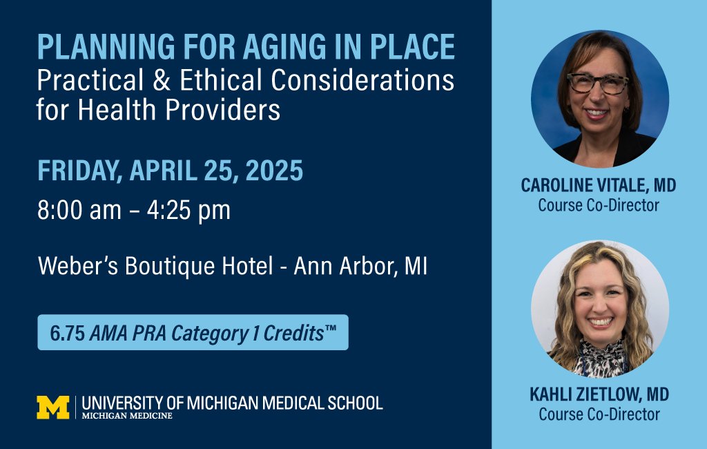 If you provide care for older adults and want to learn more about how to help them live safely, independently, and comfortably in their homes as they age, this #CME course may be for you! Learn more &amp; register: umich.cloud-cme.com/course/courseo…
#GeriatricCare #AgingInPlace