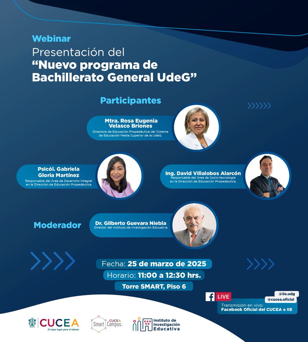 El Instituto de Investigación Educativa invita a la Presentación del “Nuevo programa de Bachillerato General UdeG”, en las instalaciones del IIE

📅 25 de Marzo de 2025
⏱ 11:00 hrs.
📌 Piso 6, Torre SMART-CUCEA

O sigue el streaming a través de FB: 

🎥 @iie.udg o cucea.oficial