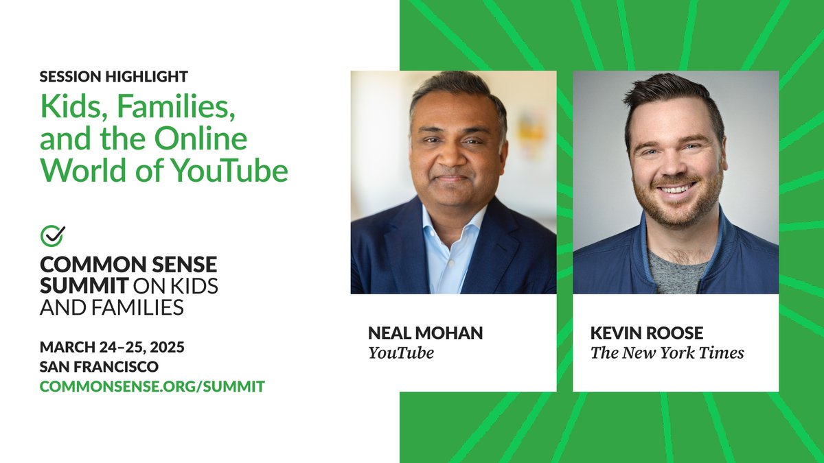 YouTube is the most-used streaming platform among kids &amp; teens, but how does it protect young users?

YouTube CEO <a href="/nealmohan/">Neal Mohan</a> will join the Common Sense Summit on Kids &amp; Families to speak on the platform’s impact &amp; design with <a href="/kevinroose/">Kevin Roose</a>: commonsense.org/summit
#CSSummit25