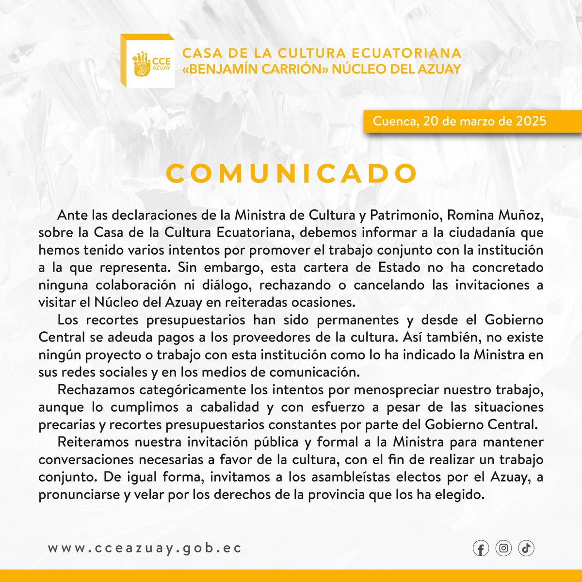 MartnSnchezP's tweet photo. Reitero mi invitación e intención de trabajar en conjunto al @Cultura_Ec con ética y transparencia. Estimada @RominaMProcel señala el día, aquí en el Azuay estamos prestos para recibirte. 
El Azuay siempre demandará acciones concretas y hablar con la verdad en la mano. https://t.co/JpRWAcK7S6