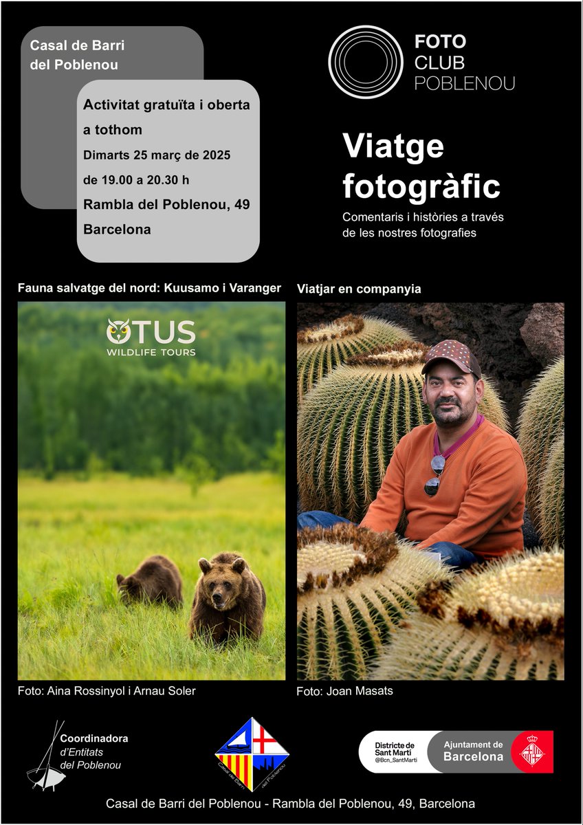 📸Viatge fotogràfic: comentaris i històries a través de les nostres fotografies. A càrrec del <a href="/FotoclubPoble9/">Fotoclub Poblenou</a> 

"Fauna, salvatge del nord: Kuusamo i Varanger". I "Viatjar en companyia".

🗓️Dimarts 25 de març. A les 19h
📍Rambla del Poblenou, 49