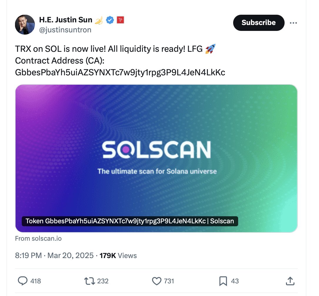 CryptoPatel's tweet image. 🚨BREAKING: $TRX (@trondao) officially goes live on @solana 

Bullish News 🚀