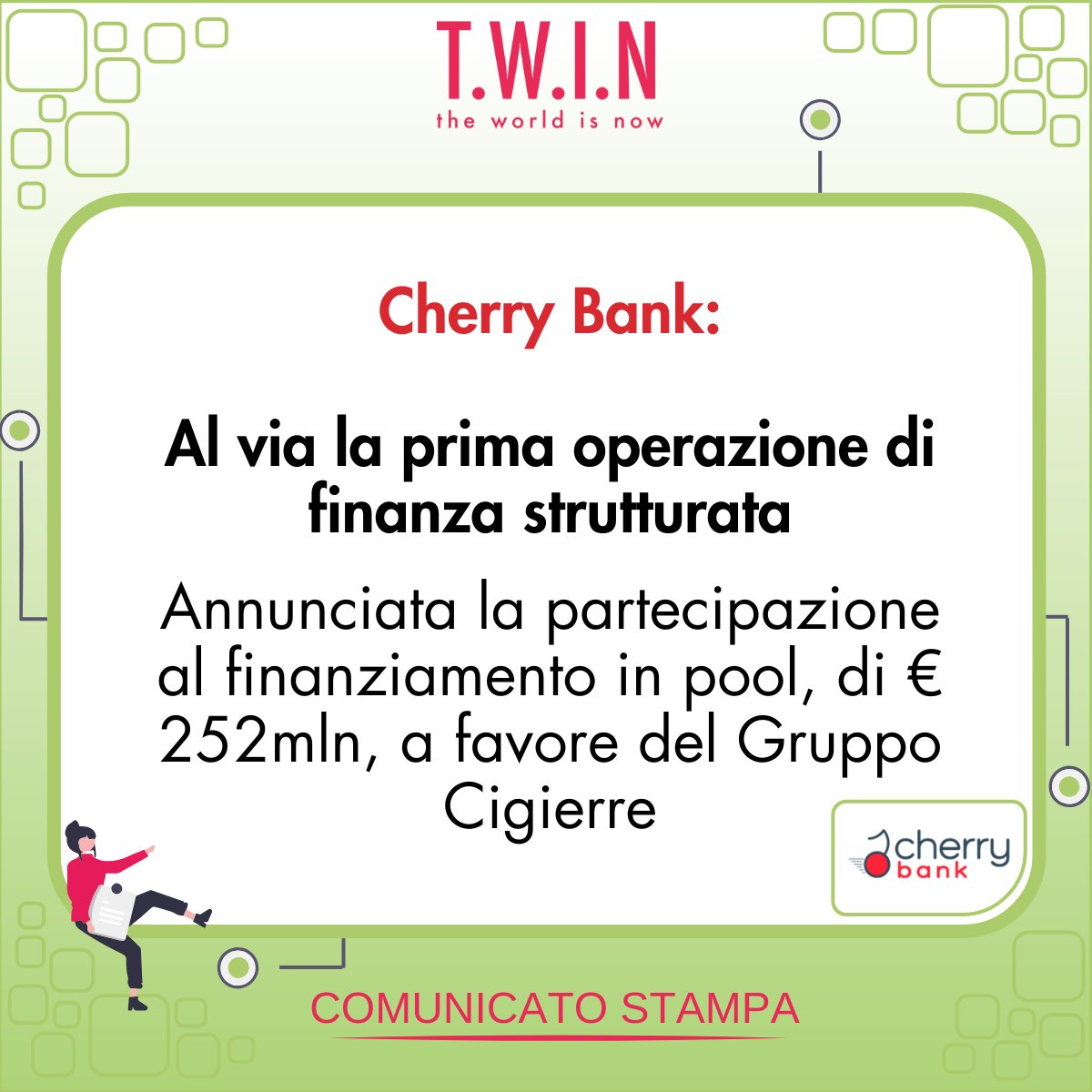 #CherryBank partecipa al finanziamento in pool da 252mln€ a favore del Gruppo Cigierre, leader nel settore casual dinner. 
Leggi il comunicato stampa: shorturl.at/yUZKy
#CherryBank #Cigierre #QuattroR #BCPartners #FinanzaStrutturata #Imprese #Crescita #BusinessGrowth