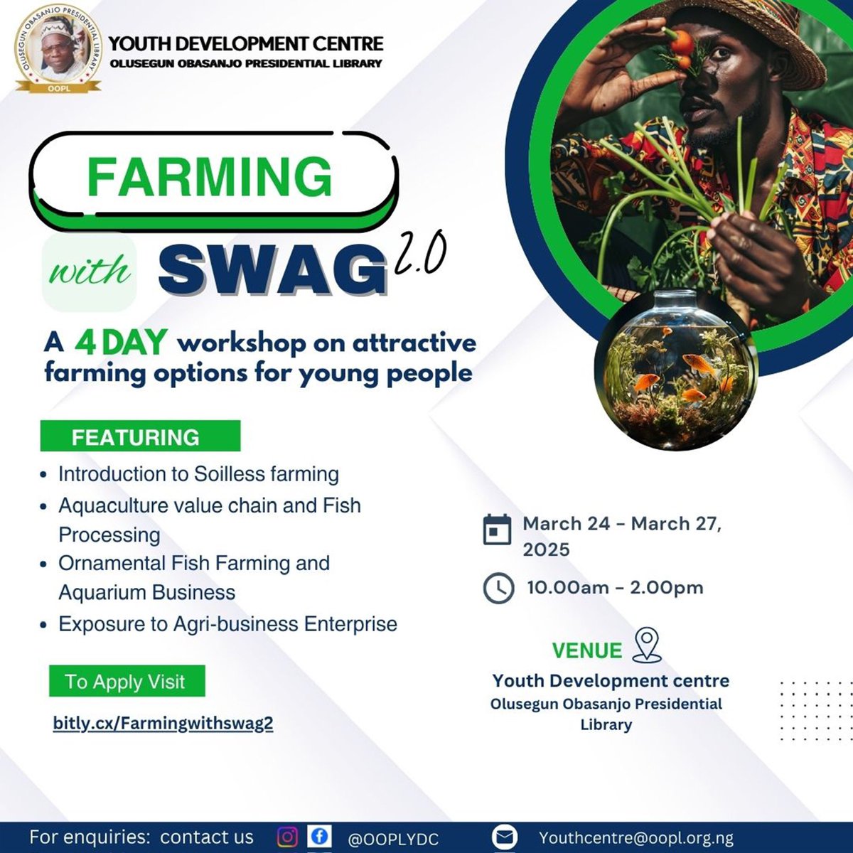 Only 4 days to go! Get ready to farm with style and Swag🔥💯

To register, visit the link on the flyer 

Limited slots avallable!
#Farmingwithswag #ooplydc