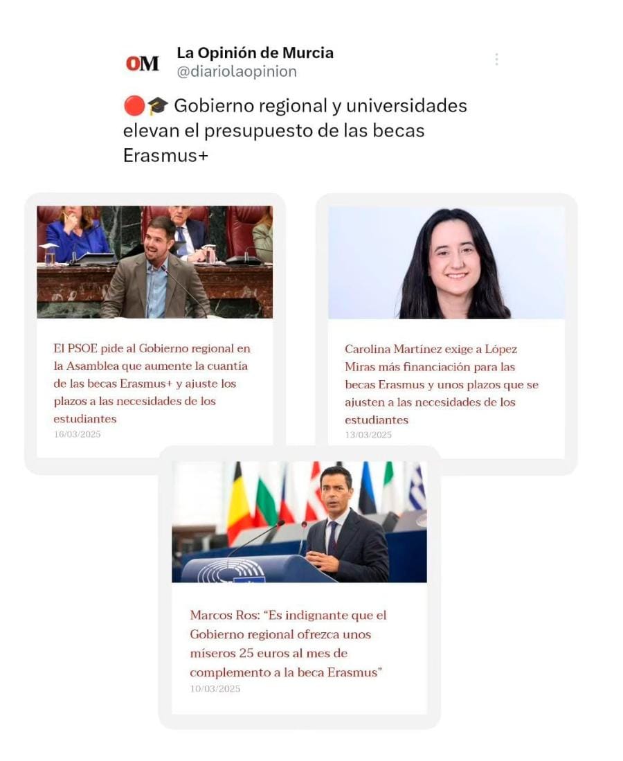 Marcos Ros Sempere (@mrossemp) on Twitter photo El Gobierno regional reacciona tarde y mal a la presión del <a href="/PSOE_RM/">PSRM - PSOE Región de Murcia</a> por el complemento a la beca Erasmus.
¿Qué puede hacer un estudiante de Cartagena con 80 céntimos al día en Berlín?
Ahora busca titulares con un anuncio que supondría pasar de 25 a 50€. El Gobierno regional reacciona tarde y mal a la presión del <a href="/PSOE_RM/">PSRM - PSOE Región de Murcia</a> por el complemento a la beca Erasmus.
¿Qué puede hacer un estudiante de Cartagena con 80 céntimos al día en Berlín?
Ahora busca titulares con un anuncio que supondría pasar de 25 a 50€.