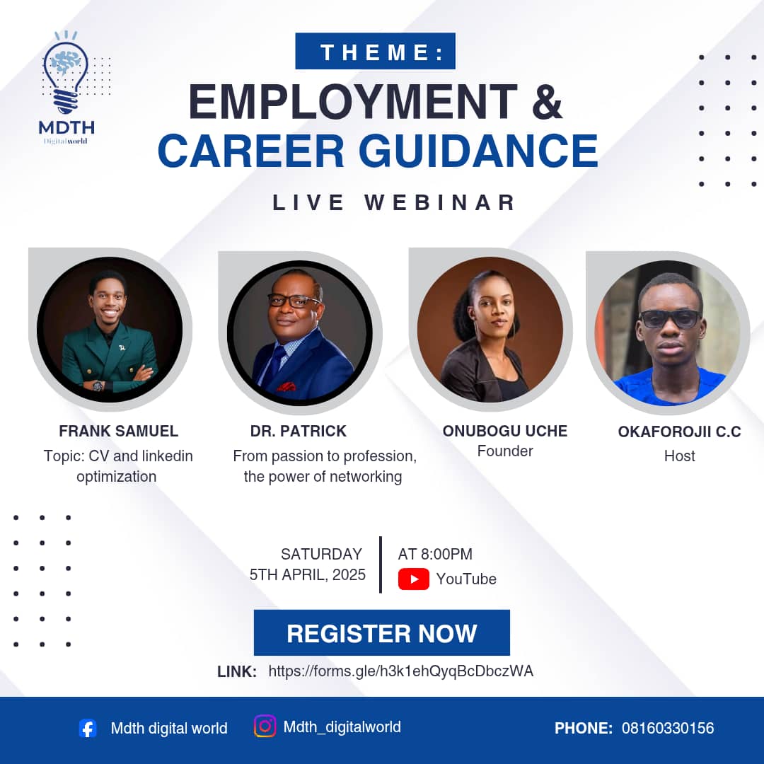 MDigitalwo50770's tweet photo. 🚀 WEBINAR ALERT
Join us for an Employment &amp; Career Guidance Webinar where we’ll help you navigate the job market
📅 Date: Saturday, April 5, 2025
⏰ Time: 8 PM (WAT)
📍 Platform: YouTube Live
🔗 Click the link to secure your spot now! https://t.co/SmYV4JJ8OB https://t.co/uBqrdGlfQB
