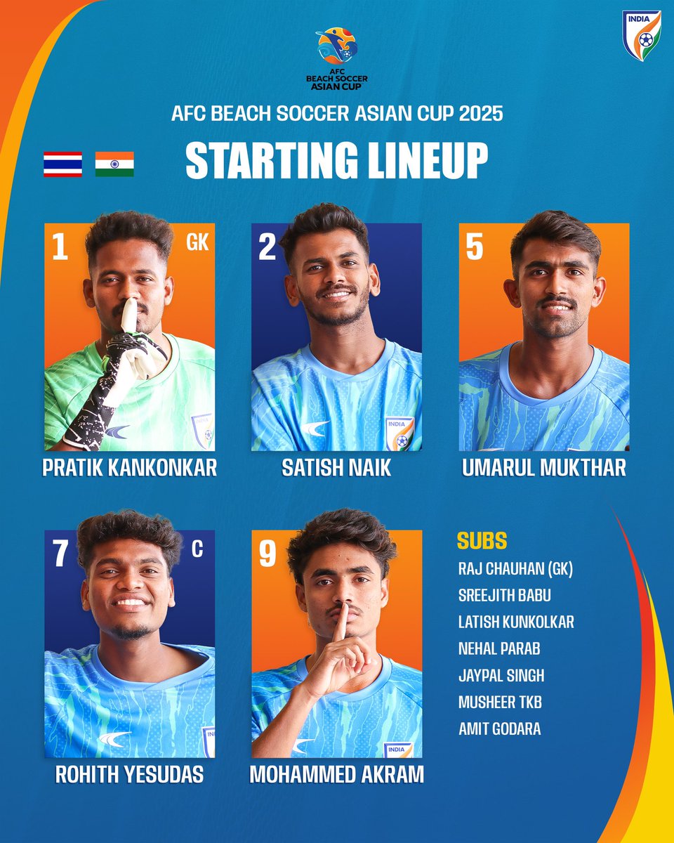 IndianFootball's tweet photo. Here's how 🇮🇳 start the game today 🙌

#ACBeachSoccer2025 #THAvIND #IndianFootball ⚽️ https://t.co/tuGMe5o1KT