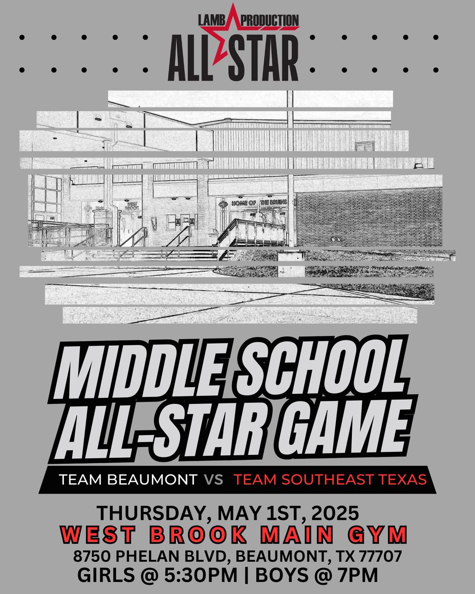 🚨 BREAKING NEWS 

The 2025 6th Annual Lamb Production Middle School All-Star Game is coming to West Brook on Thursday, May 1st!

Girls Game: BMT (0-3) vs. SETX (3-0) @ 5:30PM
Boys Game: BMT (3-0) vs. SETX (0-3) @ 7PM

Voting starts TODAY at 4 PM! 

#LPASG25
#409OverEverything