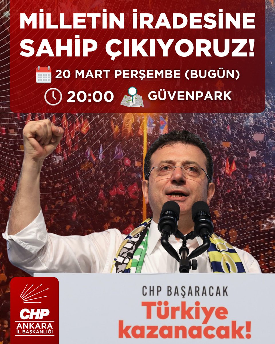 Milletin iradesine sahip çıkıyoruz!

🗓️ 20 Mart Perşembe (Bugün)
🕗 20.00
📍 Güvenpark

<a href="/herkesicinCHP/">CHP 🇹🇷</a> <a href="/eczozgurozel/">Özgür Özel</a> <a href="/ekrem_imamoglu/">Ekrem İmamoğlu</a> <a href="/DrErkol/">Dr. Ümit Erkol</a>