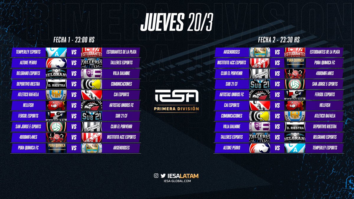 #VuelveElFutbol #RuedaLaPelotita ⚽️

🎮 Hoy arranca #IESAArgentina donde tendrá partidos muy vibrantes donde muchos querrán empezar con el pie derecho. 

📅 Así será la fecha 1 y 2 de la Liga. 

¿Habrá alguna sorpresa en esta nueva temporada? ¿Quién será el favorito? Te leemos
