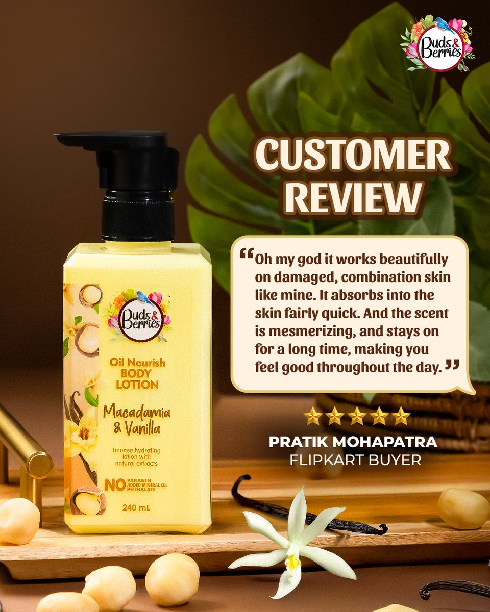 Our Macadamia &amp; Vanilla Body Lotion works wonders on damaged combination skin, absorbing quickly and leaving behind a mesmerizing scent that lingers all day long. Pure comfort in a bottle!

#BudsAndBerries #MacadamiaMagic #SkinLove #GlowOnTheGo