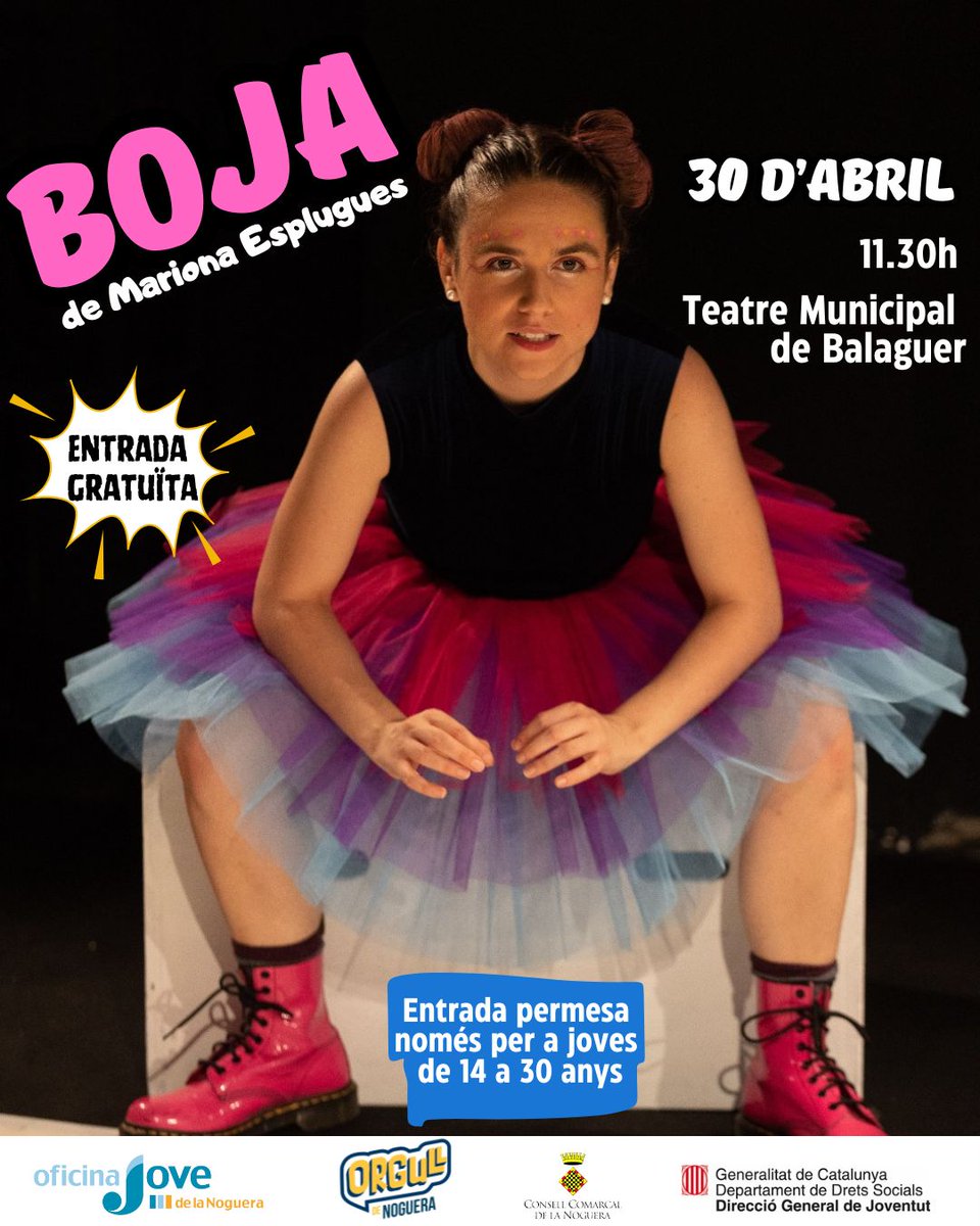 Vine a veure “BOJA", un monòleg teatral de Mariona Esplugues que trenca tabús sobre la salut mental.

L’entrada és gratuïta! Només per a joves de 14 a 30 anys. 
<a href="/ConsellNoguera/">Consell Comarcal Noguera</a>  <a href="/xarxa_xnej/">XNEJ</a>  <a href="/joventutcat/">Joventut</a>  <a href="/TeatreBalaguer/">Teatre Balaguer</a> <a href="/BalaguerJove/">BalaguerJove</a>