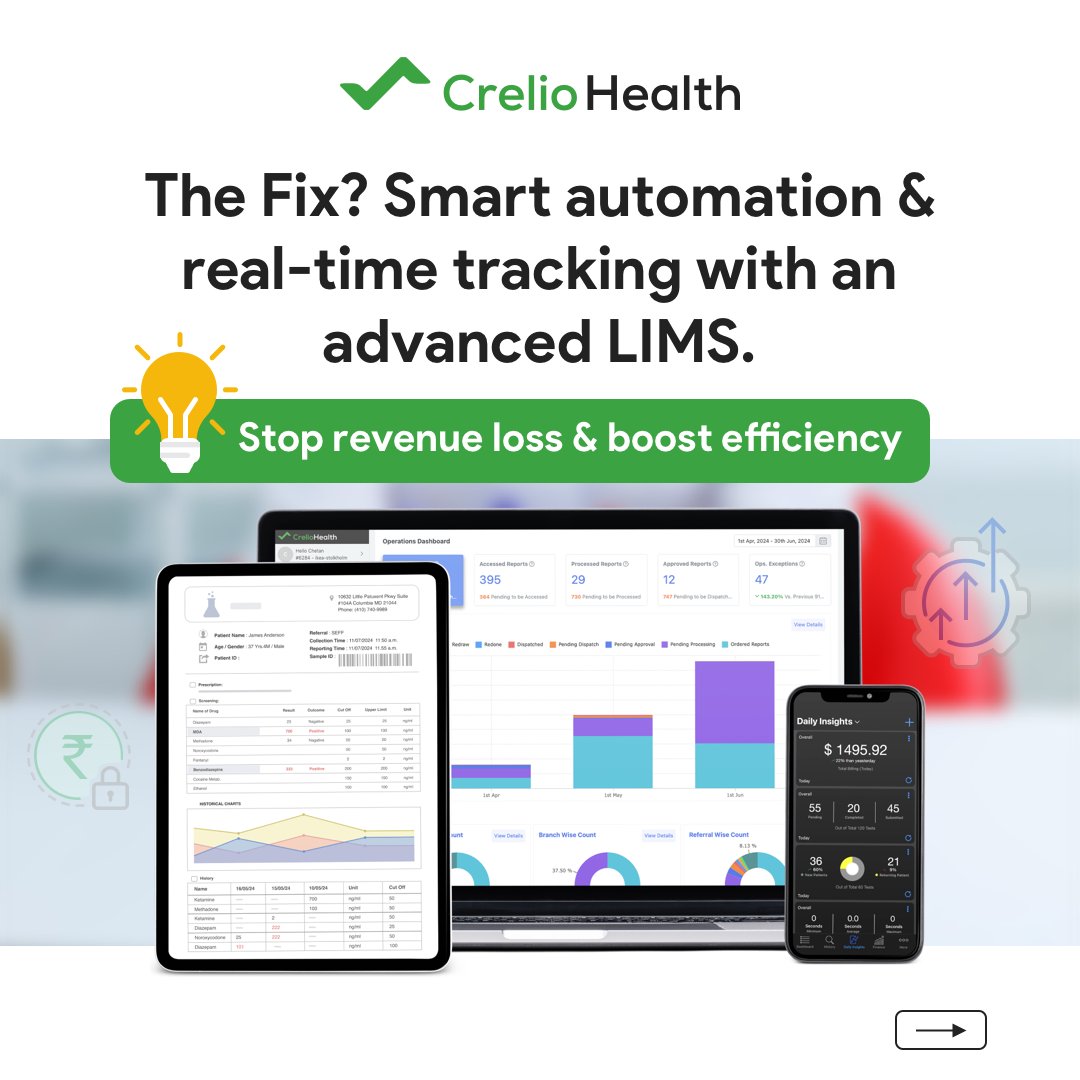 creliohealth's tweet image. Stop revenue leaks in your lab! Inefficiencies like expired inventory and slow workflows can drain profits. Optimize with smart automation and real-time tracking using LIMS. Let’s talk!

#LIMSSoftware #PathologyLab #DiagnosticLabs #LaboratoryManagement #LabAutomation…