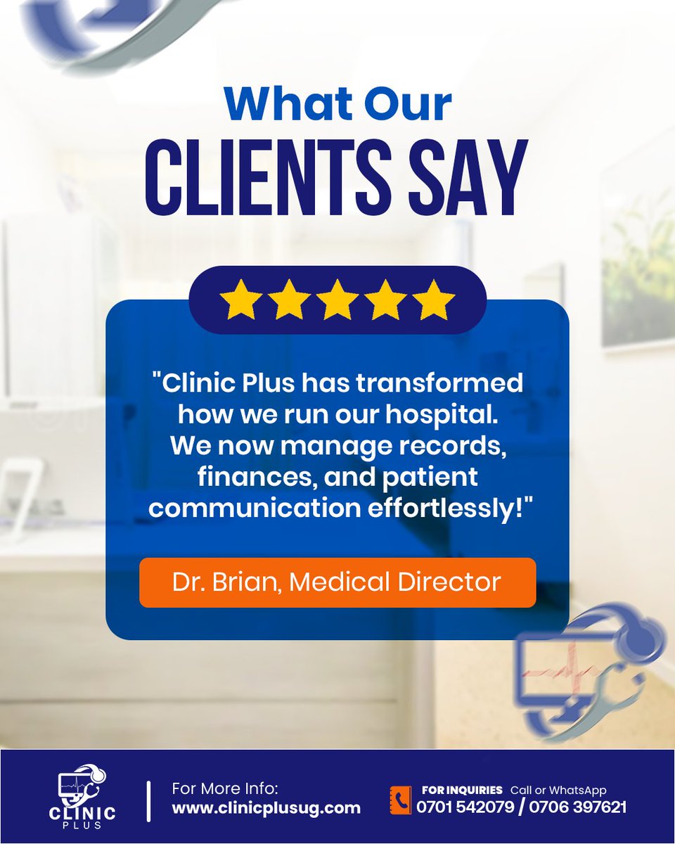 nugsoft's tweet image. Hear from Dr. Brian! 🗣️ Clinic Plus simplifies hospital operations.  Manage records, finances, &amp;amp; communication with ease.  Effortless hospital management is possible! 

Contact us today! 
Call: 0701542079/0706397621 
🌐 clinicplusug.com 

#NugsoftSoftware #MedicalSoftware