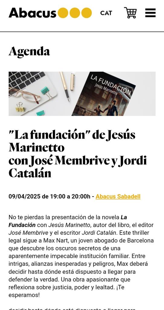 Jesus_Marinetto's tweet photo. 📢 PRESENTACIÓN DE "LA FUNDACIÓN" EN SABADELL 📢

El próximo 9 de abril a las 19:00 h, te invito a la presentación de mi nueva novela, LA FUNDACIÓN, un thriller legal con tintes de novela negra que te atrapará desde la primera página.

📍 Lugar: Librería Abacus, Sabadell. https://t.co/gwkm2xRHR1