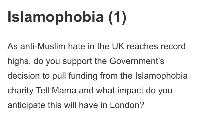 Hina Bokhari OBE AM ๐ถ (@hinabokharild) on Twitter photo Today the Mayor talked about the need for London to be inclusive and the need to tackle the rise of Islamophobia.
I hope he agrees that cutting funds for โฆ<a href="/TellMamaUK/">Tell MAMA UK</a>โฉ needs to be reversed.
My question below ๐๐ฝ Today the Mayor talked about the need for London to be inclusive and the need to tackle the rise of Islamophobia.
I hope he agrees that cutting funds for โฆ<a href="/TellMamaUK/">Tell MAMA UK</a>โฉ needs to be reversed.
My question below ๐๐ฝ