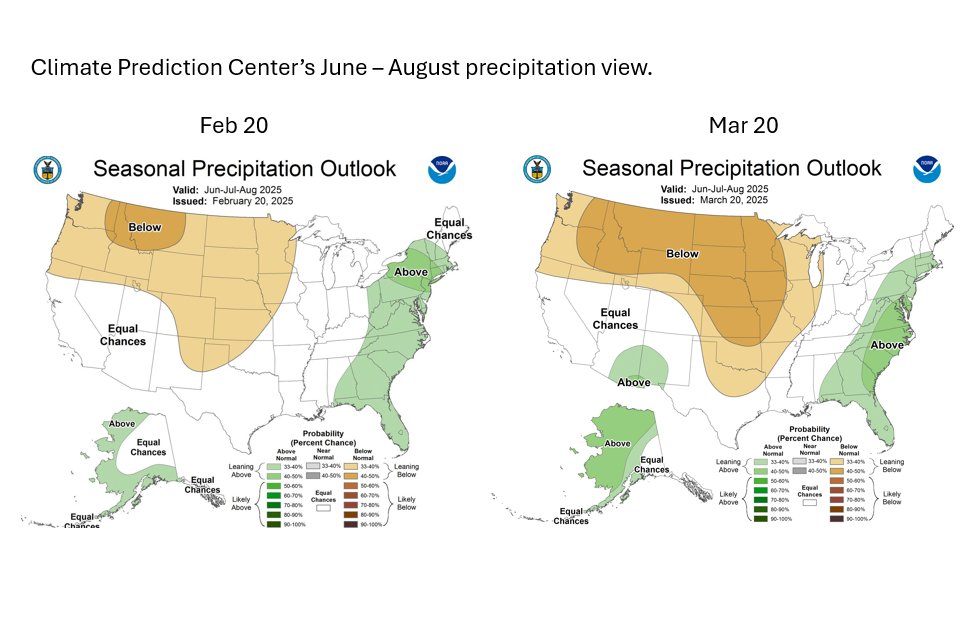 The Climate Prediction Center added a bit of summer yield risk in its latest update of June - August precipitation.