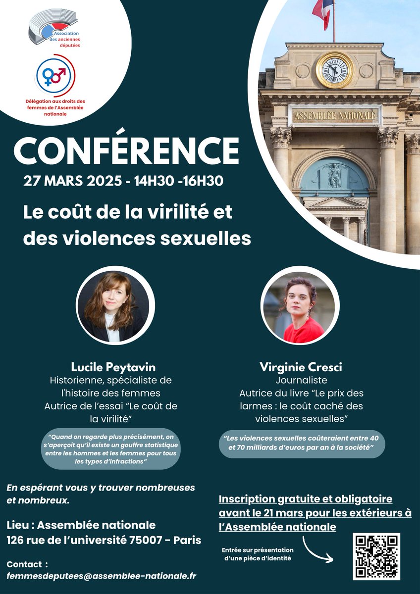 📢 L'Association des Anciennes Députées et <a href="/AN_DroitsFemmes/">Délégation aux droits des femmes</a> organisent jeudi 27/03 à 14h30 une conférence sur  : 

Le coût de la virilité et des violences sexuelles 

✒️Inscription obligatoire avant demain 18h via docs.google.com/forms/d/e/1FAI…