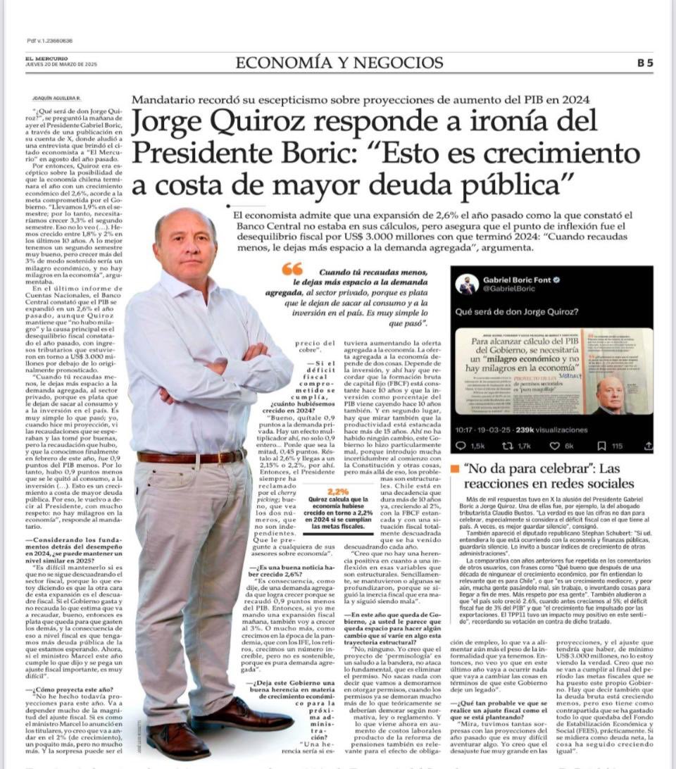 Mientras algunos celebran la mediocridad, economistas serios como Jorge Quiroz alertan sobre el bajo crecimiento, el alto déficit y el irresponsable aumento de la deuda pública. Chile puede mucho más que el gobierno incompetente que tiene. ✌️🇨🇱
