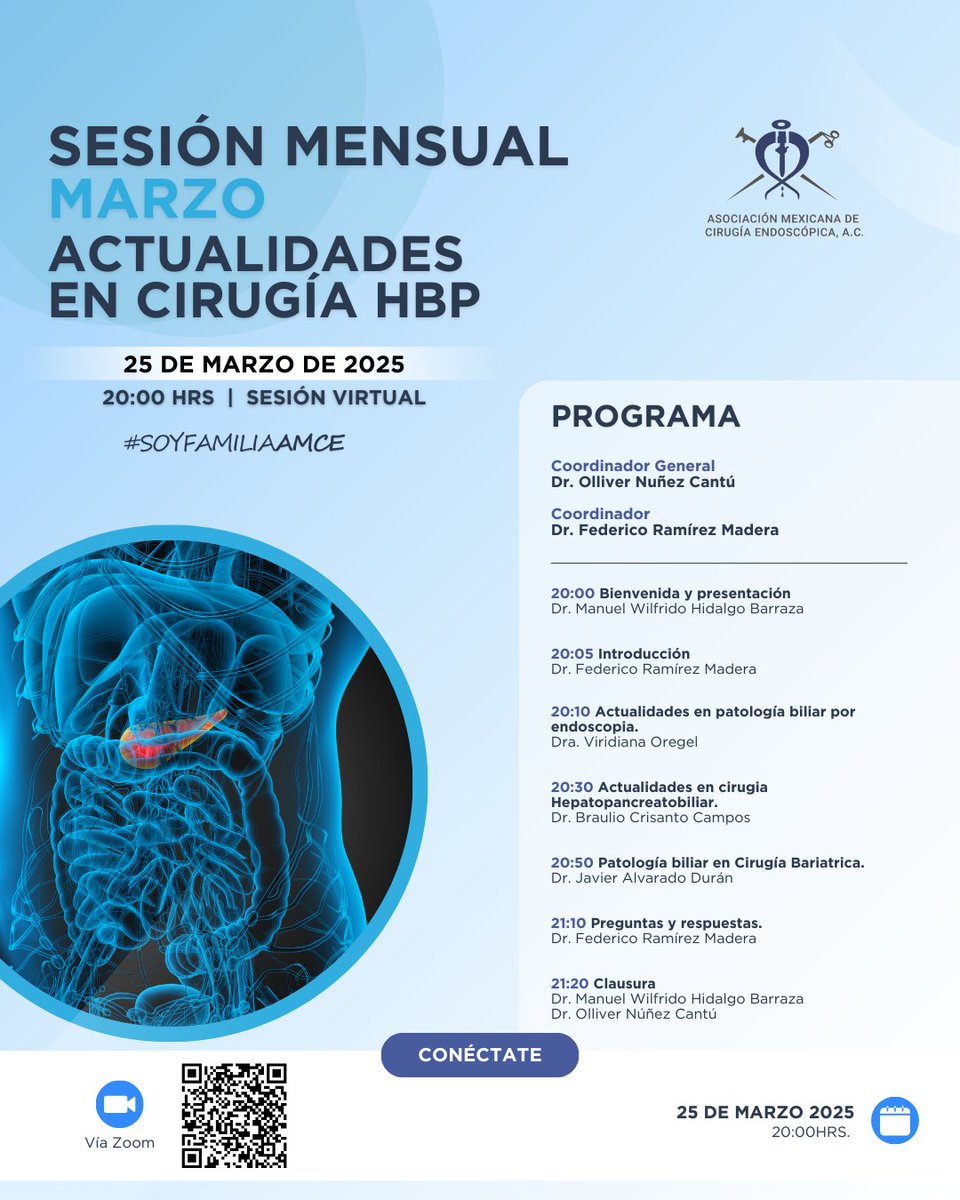 🔵✨ ¡No te pierdas nuestra Sesión Mensual de Marzo! ✨🔵

💡 Tema: Actualidades en Cirugía HBP (Hepatopancreatobiliar)

📅 25 de marzo de 2025
⏰ 20:00 hrs (hora CDMX)
📍 Sesión Virtual vía Zoom

🔗 Regístrate y conéctate al us06web.zoom.us/webinar/regist…