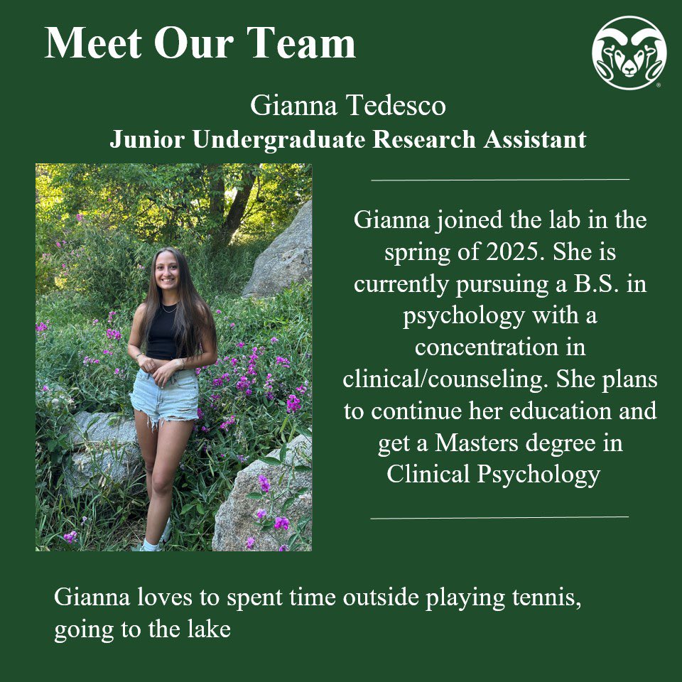 CSU_behav_lab's tweet image. Meet the team! Gianna is a junior undergraduate research assistant in our lab!
#meettheteam #foco #coloradostate #research #behavioralmedicine