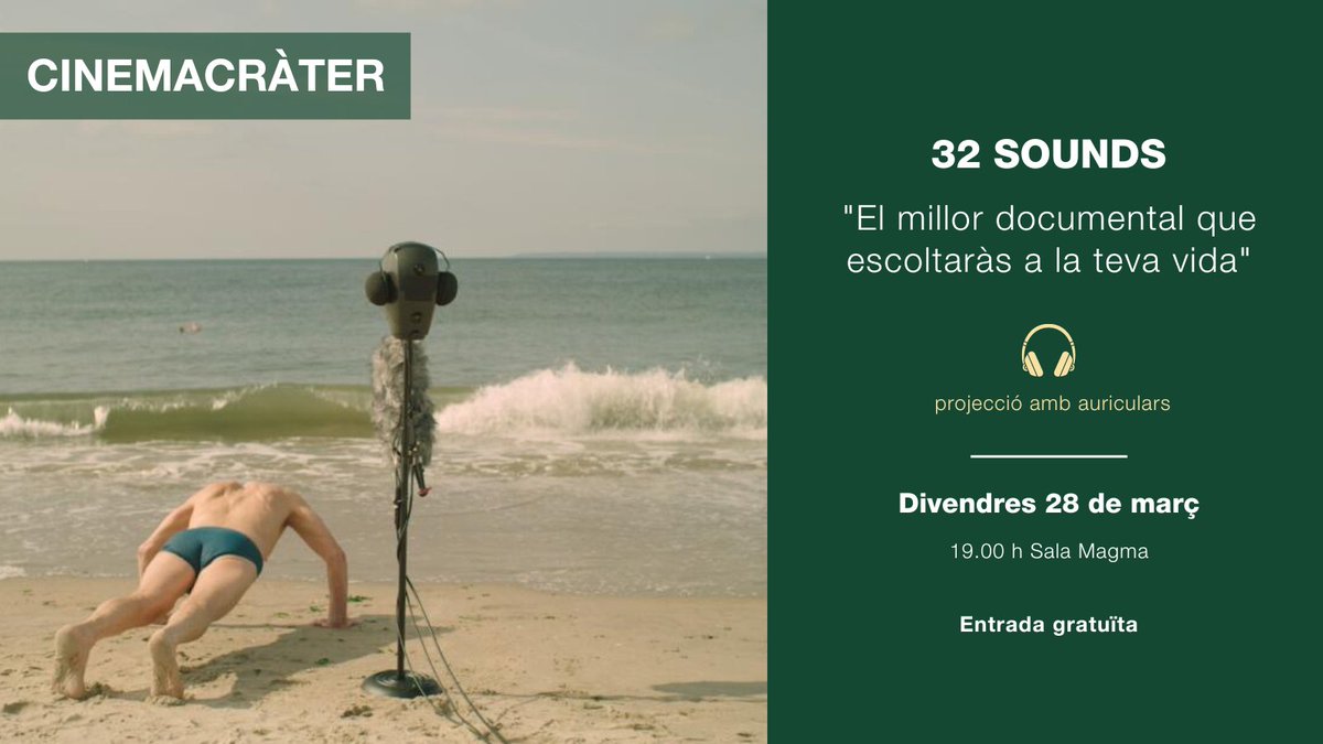 🍿No us perdeu '32 sounds'!

🎞️Un film que explora el fenomen elemental del so i el seu poder per alterar el temps, creuar fronteres i interpretar el nostre món.
 
🎧 Projecció immersiva amb auriculars
🗓️ Dv. 28/03 | 19 h
🎟️Lliure fins a completar l'aforament